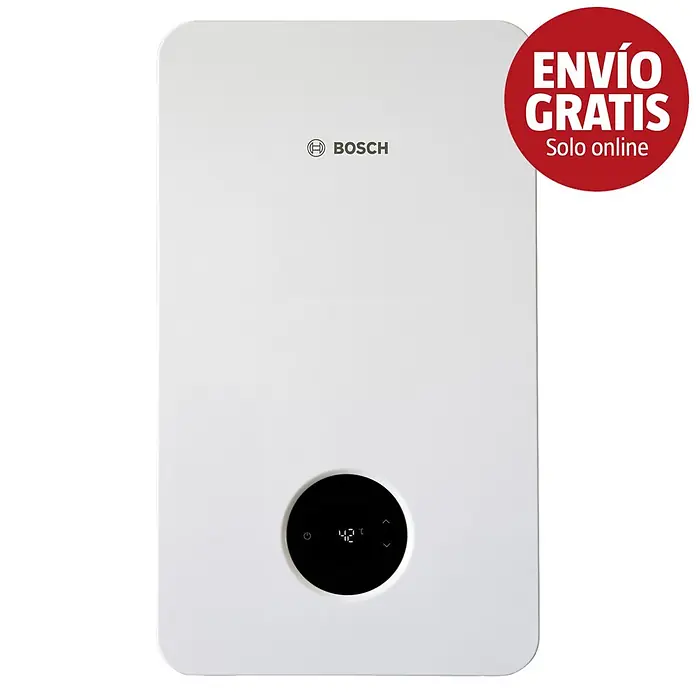 Bosch Calentador estanco T3600 - 20 kW, Caudal de agua: 11 l/min, Gas natural - Electrodoméstico rectangular Bosch blanco con pantalla digital circular negra que muestra 42°C.