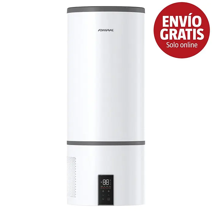 Admiral Aerotermo ADTHM - 100 l, 1.500 W, Montaje en la pared - Electrodoméstico cilíndrico blanco Admiral con pantalla digital y botones de control abajo, con detalles grises.