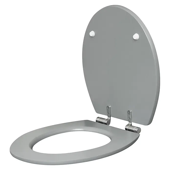 Poseidon WC-Sitz Dark Stone - MDF, Dark Stone, Mit Absenkautomatik - Grauer Toilettensitz mit geöffnetem Deckel, der seine ovale Form und Metallscharniere zeigt.
