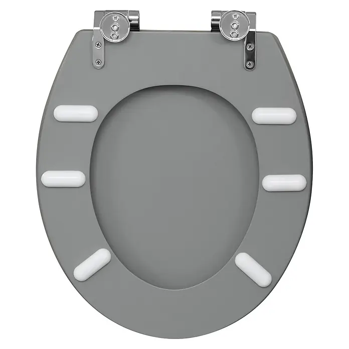 Poseidon WC-Sitz Dark Stone - MDF, Dark Stone, Mit Absenkautomatik - Grauer Toilettensitz mit Metallscharnieren und weißen Gummipuffern an der Unterseite.