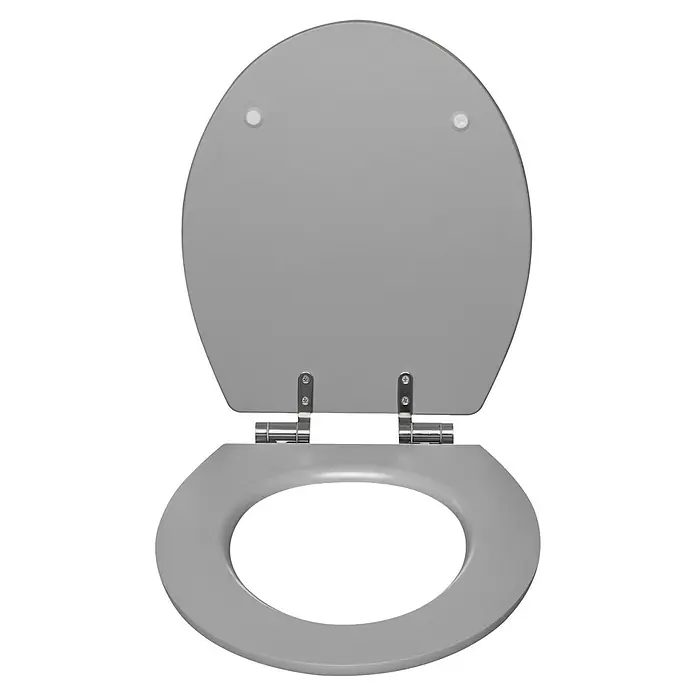 Poseidon WC-Sitz Dark Stone - MDF, Dark Stone, Mit Absenkautomatik - Grauer Toilettensitz und Deckel in geöffneter Position, mit Metallscharnieren.