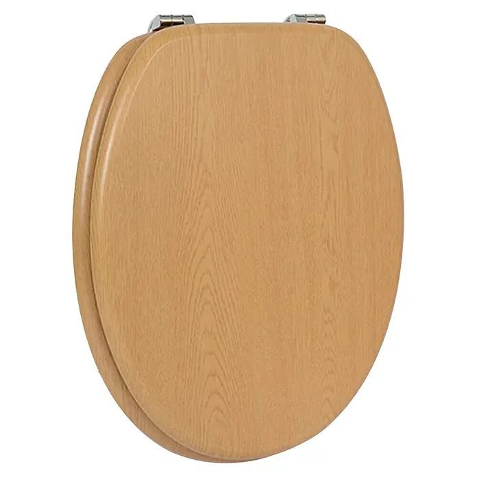 Poseidon WC-Sitz Tabea - MDF, Wood Grain, Mit Absenkautomatik - Helle Holzmaserung Toilettensitz mit Chromscharnieren, geschlossen und aufrecht.