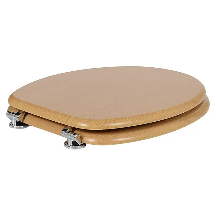 Poseidon WC-Sitz Tabea - MDF, Wood Grain, Mit Absenkautomatik - Toilettensitz aus hellem Holz mit Chromscharnieren, geschlossen.