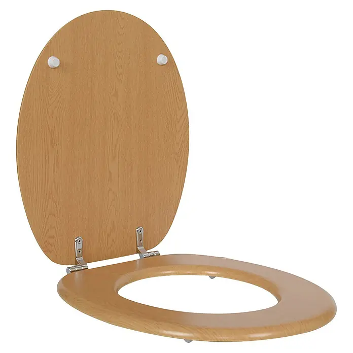 Poseidon WC-Sitz Tabea - MDF, Wood Grain, Mit Absenkautomatik - Heller Toilettensitz und -deckel aus Holz, geöffnet, mit sichtbarer Holzmaserung und Metallscharnieren.