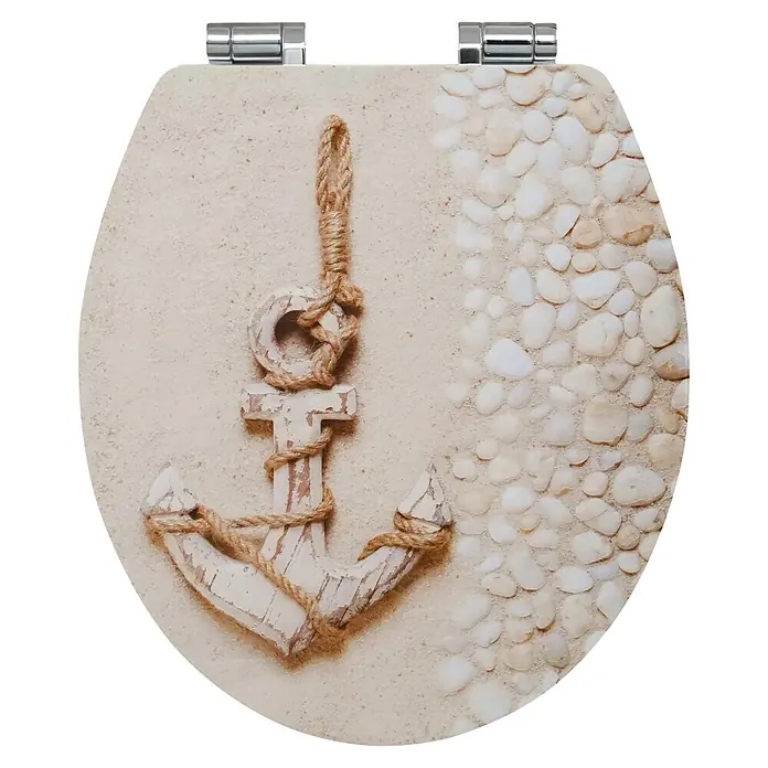 Poseidon WC-Sitz Sand - MDF, Sand, Mit Absenkautomatik - Toilettensitz mit Strandmotiv, Sandtextur, weißen Kieselsteinen und verwittertem Holzanker mit Seil.