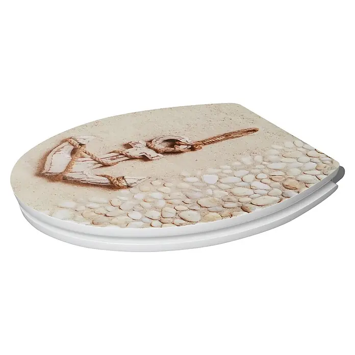 Poseidon WC-Sitz Sand - MDF, Sand, Mit Absenkautomatik - Toilettensitz mit Strandmotiv, das einen Anker und Kieselsteine auf Sand zeigt.