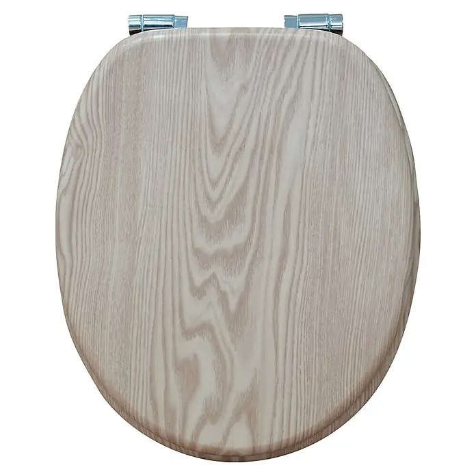 Poseidon WC-Sitz Natur Eiche - MDF, Wood Grain, Mit Absenkautomatik - Toilettensitzabdeckung aus hellem Holz mit silbernen Scharnieren.