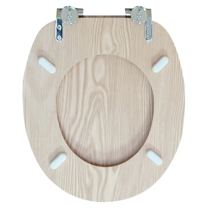 Poseidon WC-Sitz Natur Eiche - MDF, Wood Grain, Mit Absenkautomatik - Hölzerner Toilettensitz mit Naturmaserung, silbernen Metallscharnieren und vier hellblauen Gummipuffern.
