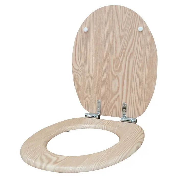 Poseidon WC-Sitz Natur Eiche - MDF, Wood Grain, Mit Absenkautomatik - Toilettensitz aus hellem Holz mit offenem Deckel und sichtbaren Metallscharnieren.