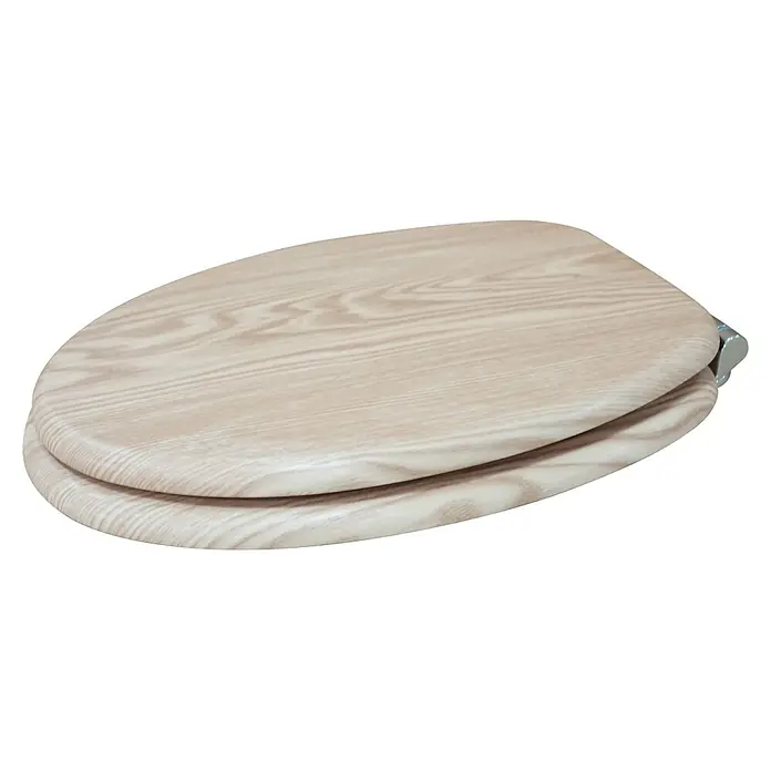 Poseidon WC-Sitz Natur Eiche - MDF, Wood Grain, Mit Absenkautomatik - Toilettensitz in heller Holzoptik mit Chromscharnieren, geschlossen.