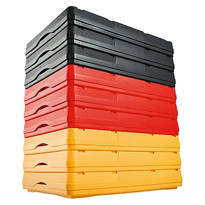 BAUHAUS Klappbox - L x B x H: 47,5 x 35,2 x 23,5 cm, 32 l, Rot - Ein Stapel bunter Kunststoffkisten in Schwarz, Rot und Gelb. Ideal für Lagerung und Organisation.