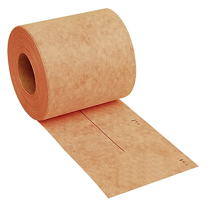 Racofix RF-100 Dichtband Meterware - Max. Zuschnittsmaß: 25 m, Breite: 12 cm, Als Zuschnitt erhältlich - Nahaufnahme einer Rolle Verbandsmaterial in Hautfarbe mit Markierungen und einer Linie. Ideal für medizinische Anwendungen.