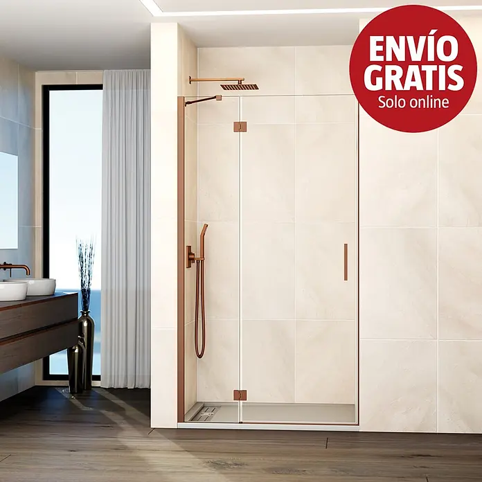 GME Mampara de ducha frontal Glass C - 120 x 195 cm, Cobre, An x Al: 120 (50/70) x 195 cm - Mampara de ducha de cristal moderna con marco y accesorios de oro rosa/cobre en un baño elegante.