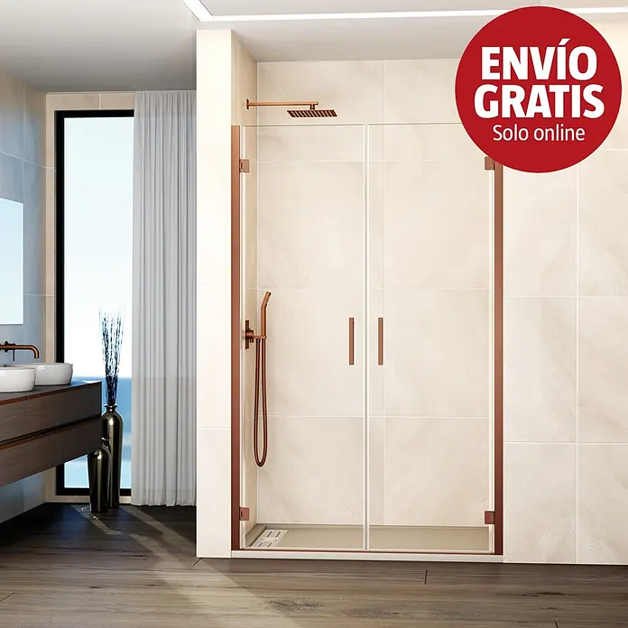 GME Mampara de ducha frontal Glass - 91,7 x 195 cm, Espesor de vidrio: 6 mm, Cobre - Cabina de ducha de cristal con marco y grifería de oro rosa a juego en un baño moderno.