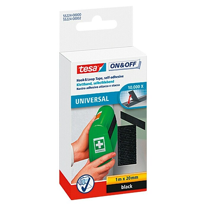 Tesa ON & OFF Klettband (Schwarz, 1 m x 20 mm, Selbstklebend)