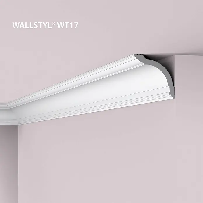 Eckleiste WT17 LxBxH: 200 x 9.5 x 9.5 cm 1 Stk. weiß -  - Weißes WALLSTYL® WT17 Zierprofil, an der Wand-Decken-Verbindung in einem hellrosa Interieur montiert.
