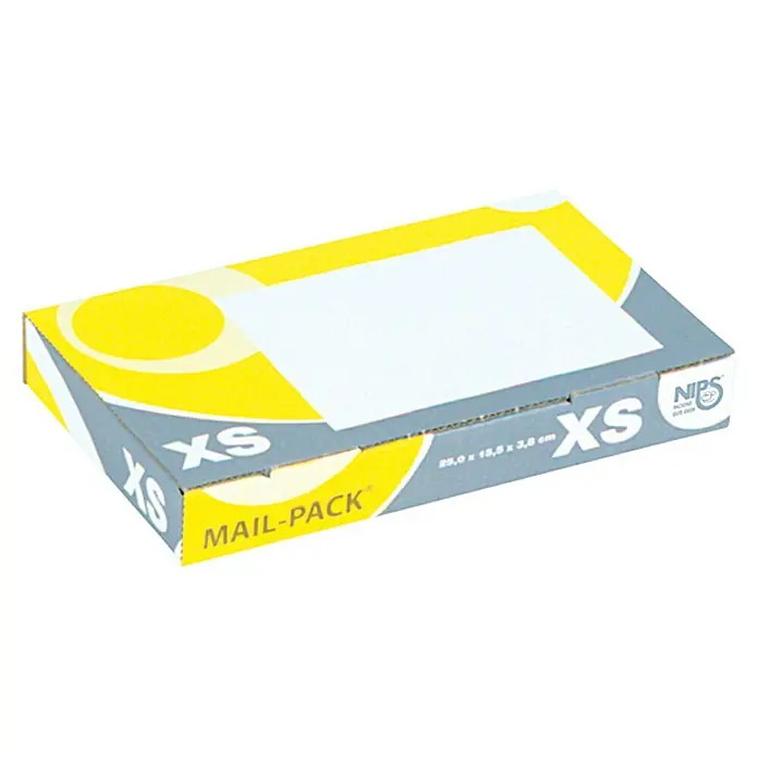 Mail-Pack Verpackungskarton - L x B x H: 245 x 150 x 33 mm - Eine XS Mail-Pack Versandverpackung, ideal für kleine Gegenstände. Sie ist gelb, grau und weiß, mit Größenangabe.