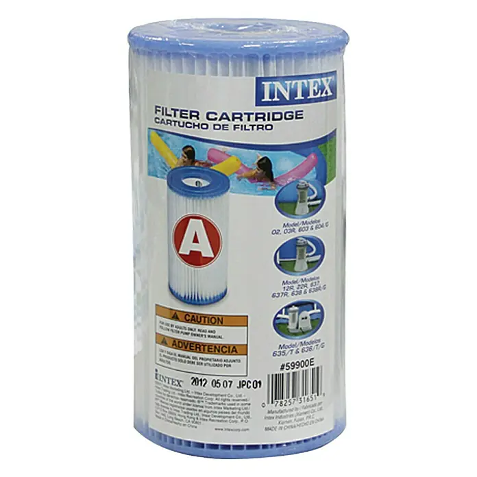 Intex Filterkartusche Typ A - Länge: 20 cm - Das Bild zeigt eine Intex Filterkartusche vom Typ A, die für Intex Poolfilteranlagen geeignet ist. Sie ist blau und verpackt.