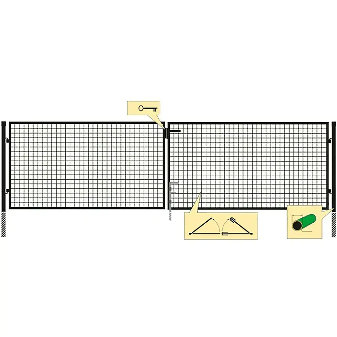 Zauntor - Anthrazit, Metall - Das Bild zeigt ein Maschendrahttor mit Schloss und Zubehör, ideal für die Sicherung von Grundstücken und Gärten.