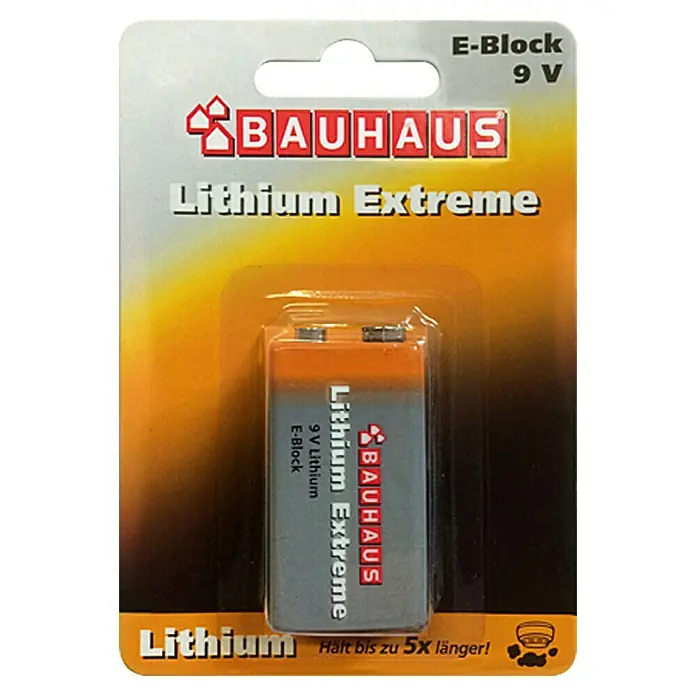 BAUHAUS Batterie 9-Volt-Block - 1.200 mAh, 1 Stk. - Ein verpackter Bauhaus Lithium Extreme 9V E-Block für langlebige Energie, ideal für Geräte, die eine zuverlässige Stromquelle benötigen.