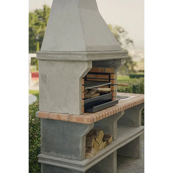 Sotnas Barbacoa de obra Ibiza - Gris/Ladrillo, An x Pr x Al: 168 x 60 x 219 cm, Superficie parrilla: 60 x 38 cm, Con fregadero - Barbacoa exterior de hormigón y ladrillo con parrilla, mostrador lateral y leñera.