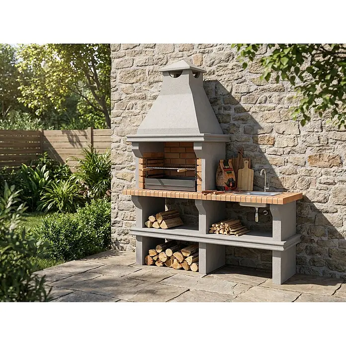 Sotnas Barbacoa de obra Ibiza - Gris/Ladrillo, An x Pr x Al: 168 x 60 x 219 cm, Superficie parrilla: 60 x 38 cm, Con fregadero - Barbacoa exterior de hormigón gris con parrilla de ladrillo y fregadero, con leñero, junto a una pared de piedra en un jardín.