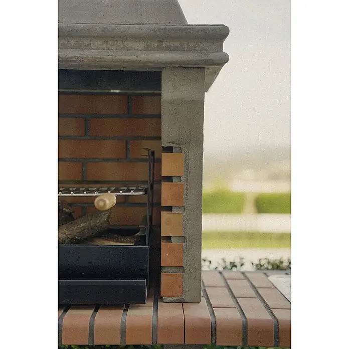 Sotnas Barbacoa de obra Ibiza - Gris/Ladrillo, An x Pr x Al: 168 x 60 x 219 cm, Superficie parrilla: 60 x 38 cm, Con fregadero - Barbacoa exterior de obra de hormigón y ladrillo, con parrilla metálica negra y mango de madera.