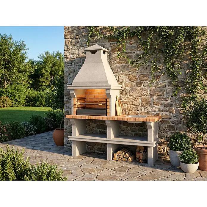 Sotnas Barbacoa de obra Ibiza - Gris/Ladrillo, An x Pr x Al: 168 x 60 x 219 cm, Superficie parrilla: 60 x 38 cm, Con fregadero - Una barbacoa exterior de hormigón con chimenea de ladrillo y fregadero integrado, encimera de madera, en un patio de piedra.