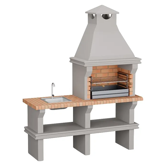 Sotnas Barbacoa de obra Ibiza - Gris/Ladrillo, An x Pr x Al: 168 x 60 x 219 cm, Superficie parrilla: 60 x 38 cm, Con fregadero - Barbacoa de hormigón exterior con encimera de ladrillo, fregadero integrado y estante inferior. Incluye parrillas y cajón de cenizas de acero.