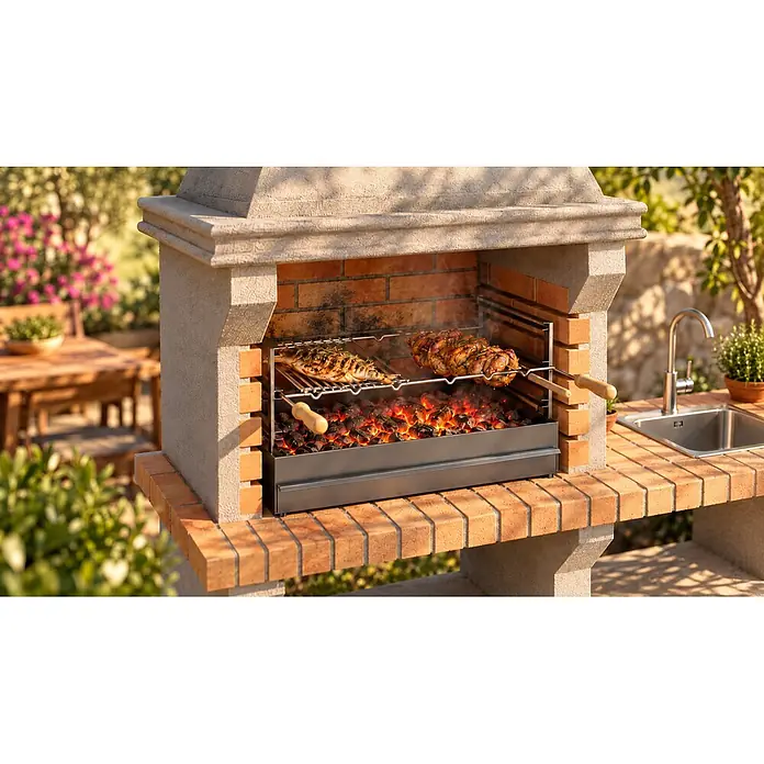 Sotnas Barbacoa de obra Ibiza - Gris/Ladrillo, An x Pr x Al: 168 x 60 x 219 cm, Superficie parrilla: 60 x 38 cm, Con fregadero - Una barbacoa exterior de ladrillo y hormigón, con pescado y aves cocinándose sobre brasas en un jardín.