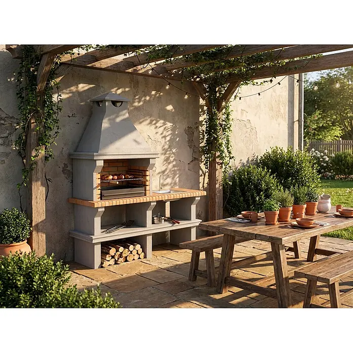 Sotnas Barbacoa de obra Ibiza - Gris/Ladrillo, An x Pr x Al: 168 x 60 x 219 cm, Superficie parrilla: 60 x 38 cm, Con fregadero - Barbacoa exterior de hormigón gris y ladrillo con chimenea y fregadero integrado, en un patio soleado con mesa de madera.