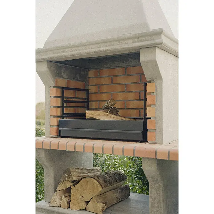 Sotnas Barbacoa de obra Ibiza - Gris/Ladrillo, An x Pr x Al: 168 x 60 x 219 cm, Superficie parrilla: 60 x 38 cm, Con fregadero - Barbacoa exterior de ladrillo con caja de fuego metálica, parrilla y troncos de madera.