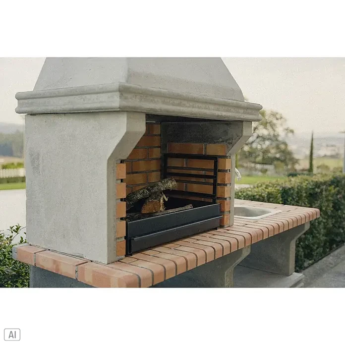 Sotnas Barbacoa de obra Ibiza - Gris/Ladrillo, An x Pr x Al: 168 x 60 x 219 cm, Superficie parrilla: 60 x 38 cm, Con fregadero - Barbacoa exterior de hormigón y ladrillo con inserto metálico negro y fregadero incorporado, en un jardín.