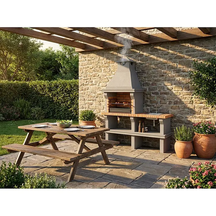 Sotnas Barbacoa de obra Ibiza - Gris/Ladrillo, An x Pr x Al: 168 x 60 x 219 cm, Superficie parrilla: 60 x 38 cm, Con fregadero - Barbacoa de hormigón gris con fregadero integrado, asando comida, junto a una mesa de picnic de madera al aire libre.
