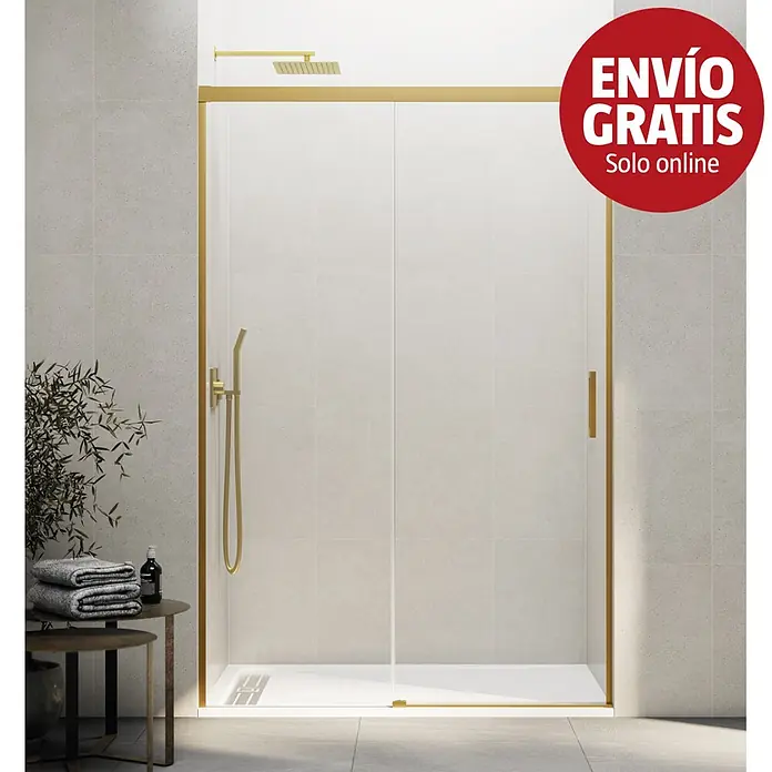GME Mampara de ducha frontal Basic - 115 x 196 cm, Vidrio transparente, Oro - Mampara de ducha corredera con marco dorado y paneles de cristal transparente, plato de ducha blanco.
