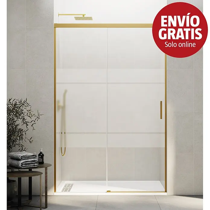 GME Mampara de ducha frontal Basic - 180 x 196 cm, Vidrio serigrafiado, Oro - Mampara de ducha con marco dorado y paneles de vidrio esmerilado.