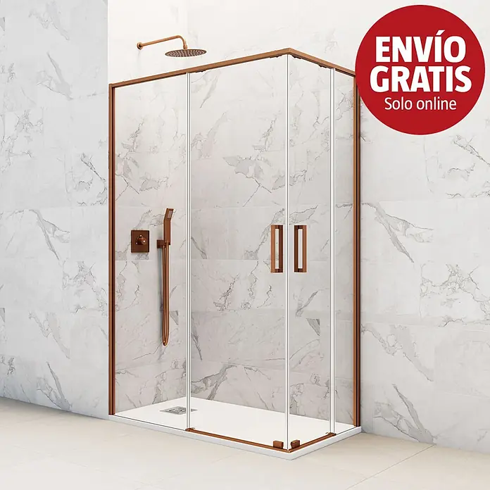 GME Mampara de ducha esquinera Twenty - L x An x Al: 70 x 120 x 195 cm, Vidrio transparente, Cobre, Rangos de compensación 115-120/65-70 cm - Mampara de ducha de esquina con cristales transparentes y perfil de oro rosa en un baño moderno.