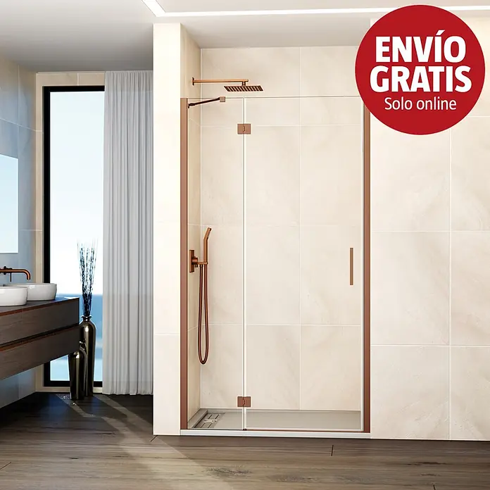 GME Mampara de ducha frontal Glass D - 105 x 195 cm, Cobre, An x Al: 105 (25/80) x 195 cm - Mampara de ducha moderna con marco en tono cobre y accesorios a juego en un baño.