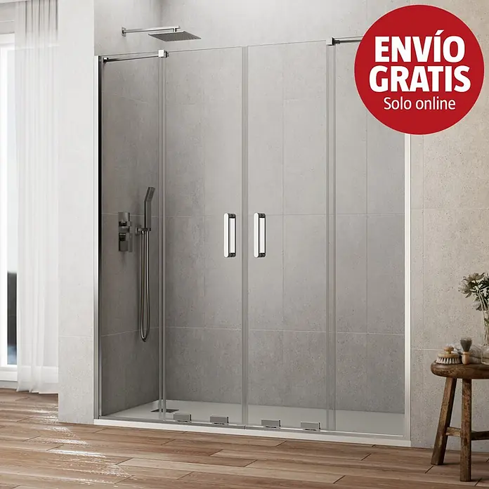 GME Mampara de ducha frontal Kenna - 314 x 195 cm, Espesor de vidrio: 8 mm, Cromo - Mampara de ducha moderna con paneles de cristal transparente y herrajes cromados, con puertas correderas dobles, instalada en un baño alicatado.