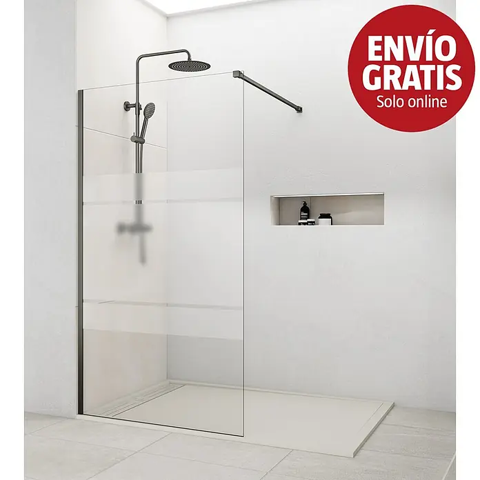 GME Mampara de ducha fija Screen Frost - An x Al: 78 x 195 cm, Vidrio serigrafiado, Titanio - Ducha walk-in moderna con panel de vidrio transparente y esmerilado, sistema de ducha negro mate y plato de ducha minimalista.