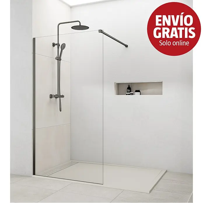 GME Mampara de ducha fija Screen Titanio - An x Al: 98 x 195 cm, Titanio - Ducha walk-in de cristal con sistema de ducha negro y barra de soporte en un baño moderno.