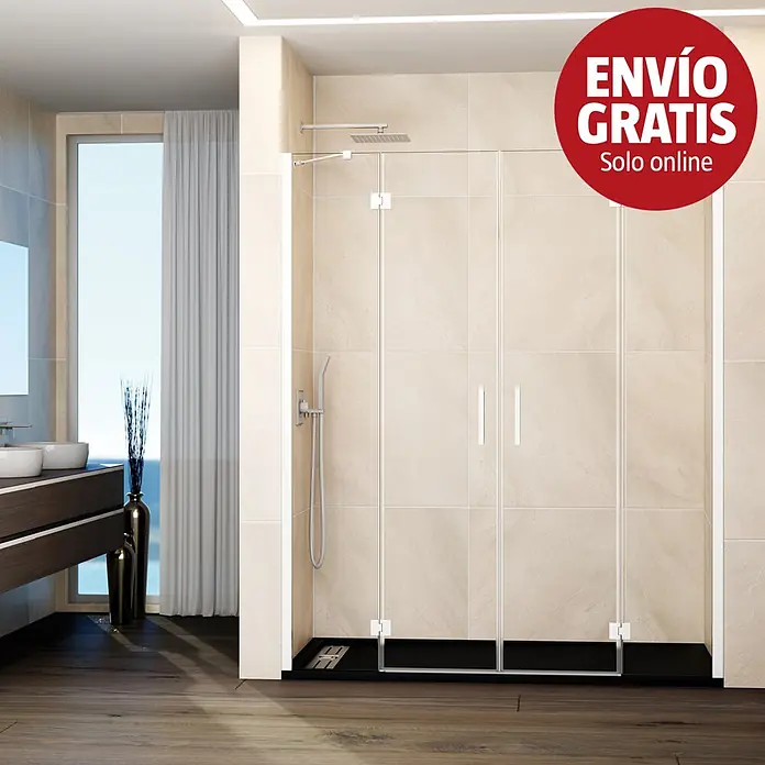GME Mampara de ducha frontal Glass (135 x 195 cm, Blanco, An x Al: 135 cm ( (30+40+40+30), 195 cm) -  - Mampara de ducha de cristal moderna con herrajes cromados y plato de ducha negro en un baño.