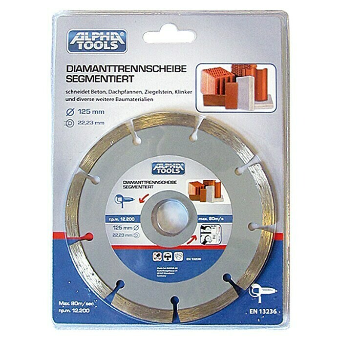 Alpha Tools Disco de corte de diamante (Hormigón, Diámetro disco: 125 mm, Orificio: 22,23 mm)