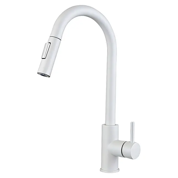 Grifo de cocina Iris - Blanco, Mate - Grifo de cocina blanco de caño alto con rociador extraíble y maneta única.