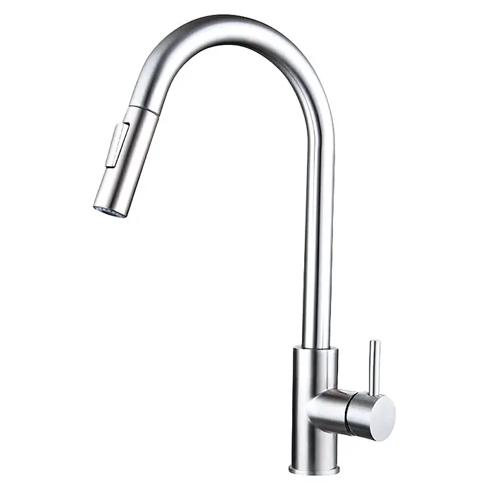 Grifo de cocina Iris extraíble - Cromo, Brillante - Grifo de cocina plateado con arco alto y cabezal rociador extraíble.