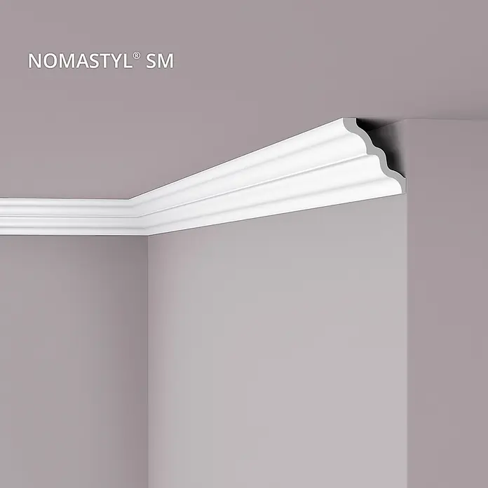 NOEL & MARQUET Eckleiste SM LxBxH: 200 x 9.5 x 10.5 cm 1 Stk. weiß -  - Weißes Ziergesims, an der Decken-Wand-Verbindung in einer Raumecke montiert.