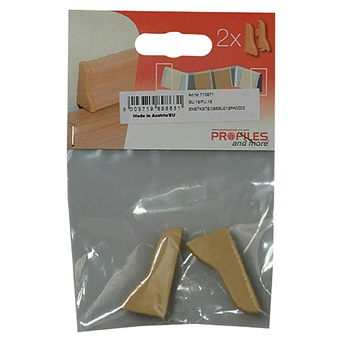 Profiles and more Endkappe SU18/FU18 - Eiche Hell, 2 Stk. - Eine Packung mit zwei Eckprofilen, hergestellt in Österreich, ideal für die Montage und Veredelung von Möbeln oder anderen Holzkonstruktionen.