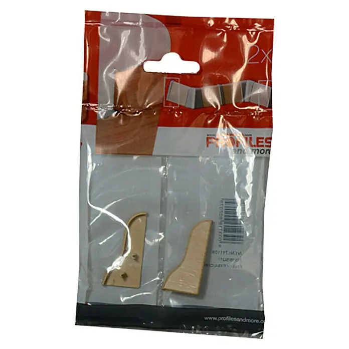 Profiles and more Endkappe SU18/FU18 - Buche Hell, 2 Stk. - Nahaufnahme einer Packung mit zwei profilierten und formschönen Wandhalterungen aus robustem Kunststoff.