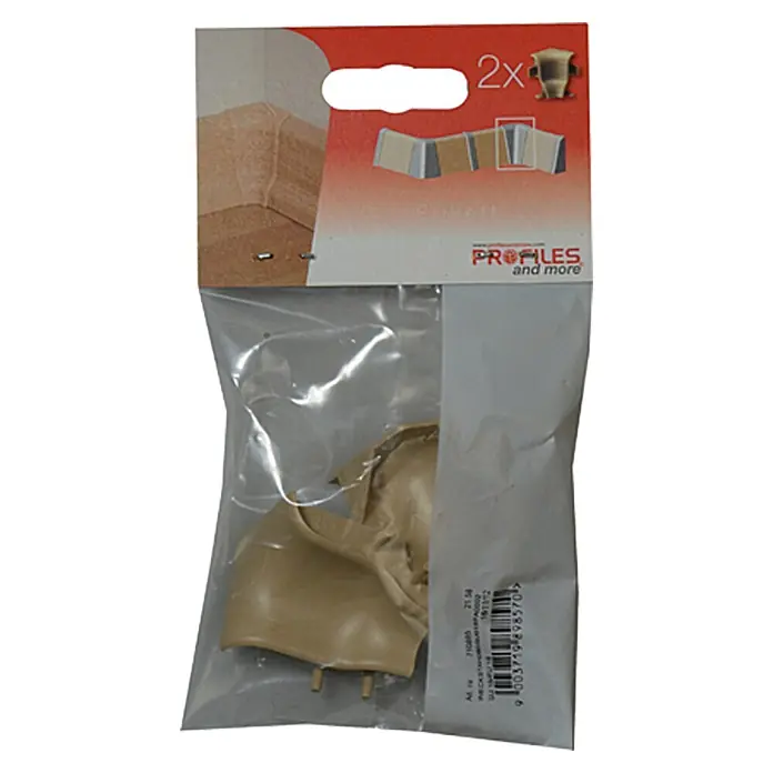 Profiles and more Innenecke SU18/FU18 - Ahorn, 2 Stk. - Eine Packung mit zwei beigen Eckverbindern, die in einer durchsichtigen Plastiktüte verpackt sind und zur Verbindung von Profilen dienen.