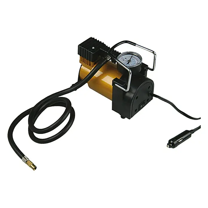 UniTEC Kompressor Premium - Füllleistung: 35 l/min - Hier ist ein gelber und schwarzer Auto-Luftkompressor mit Manometer, Schlauch und Zigarettenanzünder-Stecker.